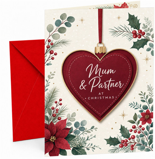 Mum & Partner Christmas Card Red Heart Bauble & Holly