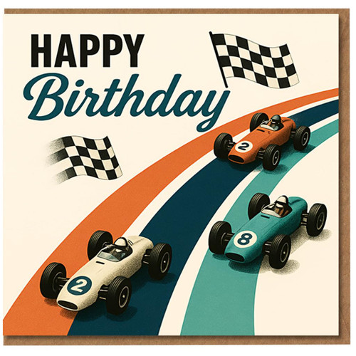Happy Birthday Card - Retro Racing Cars with Chequered Flags, Vintage Motorsport Theme for Car Lovers