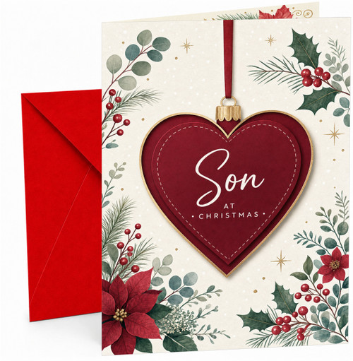Son Christmas Card, Red Heart Bauble & Holly Foliage