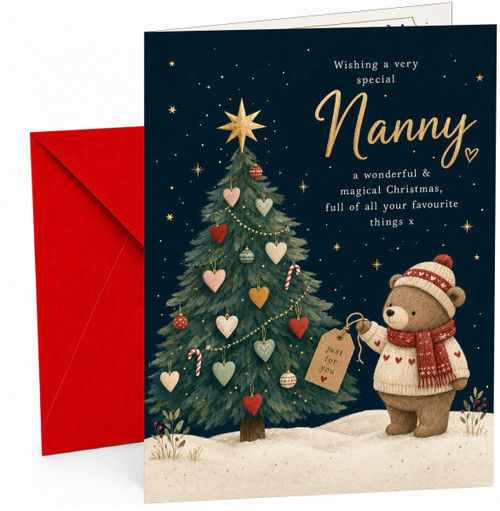 Nanny Christmas Card Bear and Tree with Heart Baubles