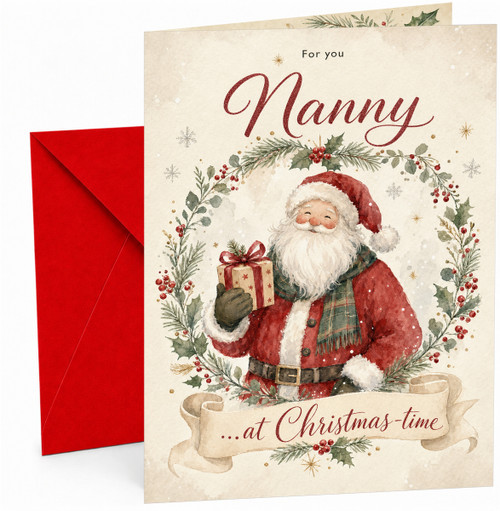 Nanny Christmas Card, Santa with Gift and Holly Wreath
