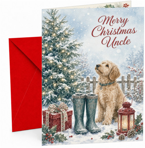 Uncle Christmas Card, Snowy Dog and Wellies by Tree
