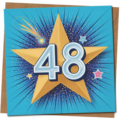 48th Birthday Card - Bold Starburst Design - Age 48 Milestone - 145mm x 145mm - Blue and Gold Star, Includes Kraft Envelope
