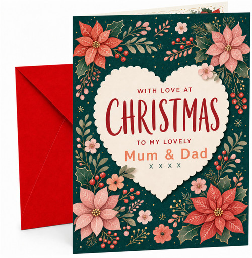 Mum & Dad Christmas Card, Poinsettia Holly Heart Design