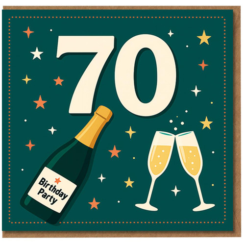 70th Birthday Card - Champagne Bottle, Clinking Glasses and Stars - Milestone Seventieth Celebration Design