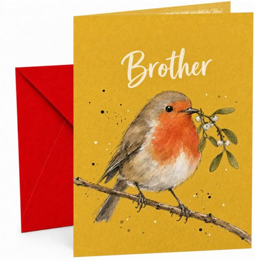 Brother Christmas Card with Robin and Mistletoe Illustration