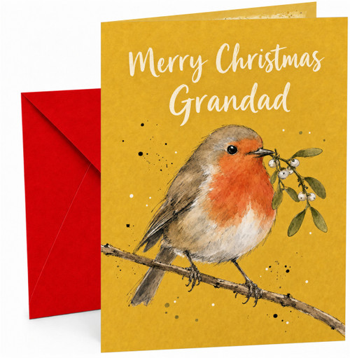 Grandad Christmas Card, Robin with Mistletoe Illustration