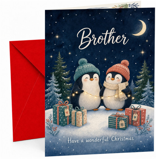 Brother Christmas Card with Penguins and Fairy Lights