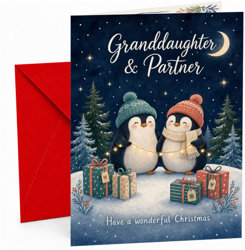 Granddaughter & Partner Christmas Card Cute Penguins & Presents