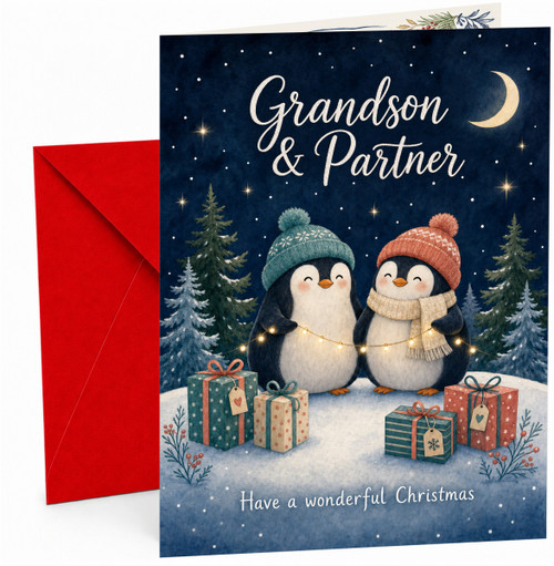 Grandson & Partner Christmas Card, Penguins with Fairy Lights
