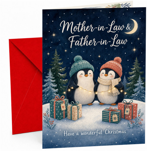 Mother-in-Law & Father-in-Law Christmas Card Penguins Lights