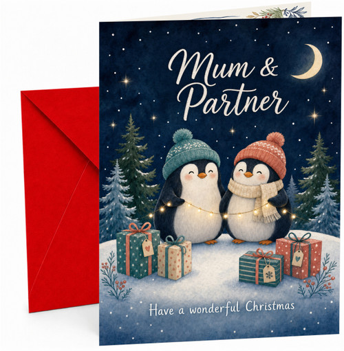 Mum & Partner Christmas Card, Cute Penguins with Presents