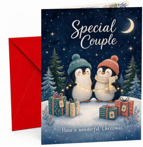Special Couple Christmas Card, Penguin Pair with Presents