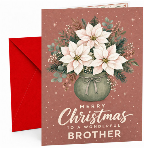 Brother Christmas Card, White Poinsettias in Green Pot