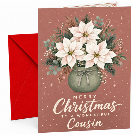 Cousin Christmas Card, White Poinsettia Bouquet in Vase