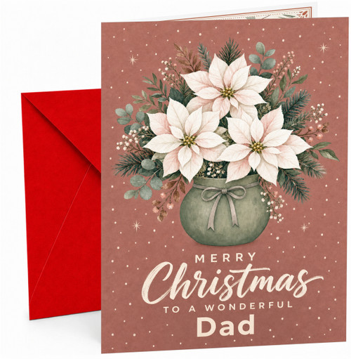 Dad Christmas Card, White Poinsettia Bouquet in Vase