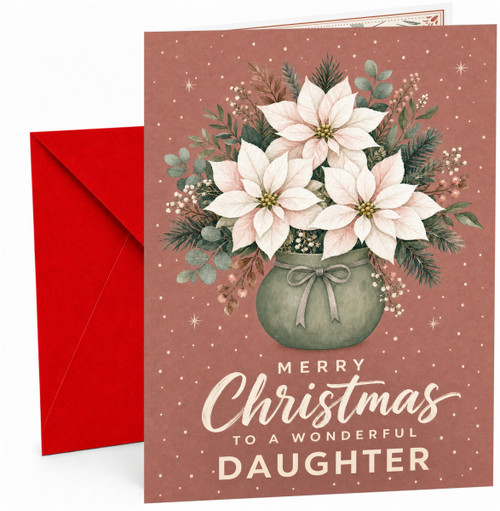 Daughter Christmas Card, Poinsettia Bouquet in Green Vase