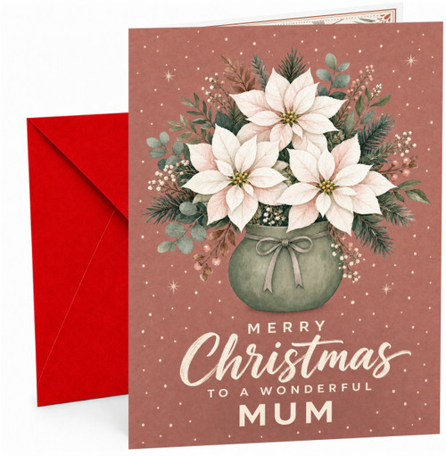 Mum Christmas Card, Poinsettia Bouquet in Green Vase
