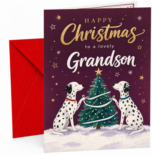 Grandson Christmas Card with Dalmatians and Christmas Tree