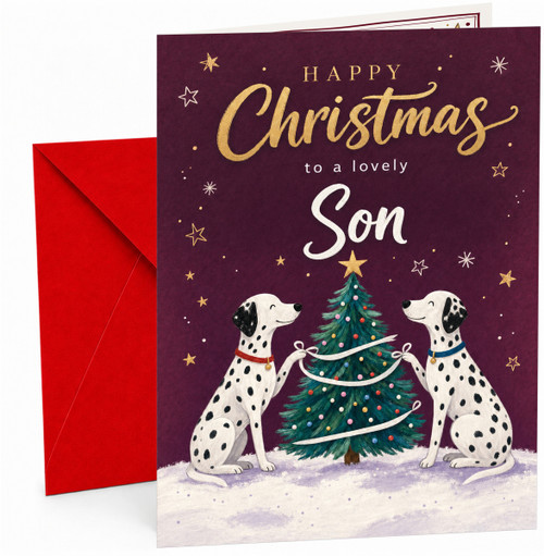 Son Christmas Card with Dalmatian Dogs and Tree
