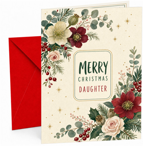 Daughter Christmas Card, Watercolour Poinsettia and Roses