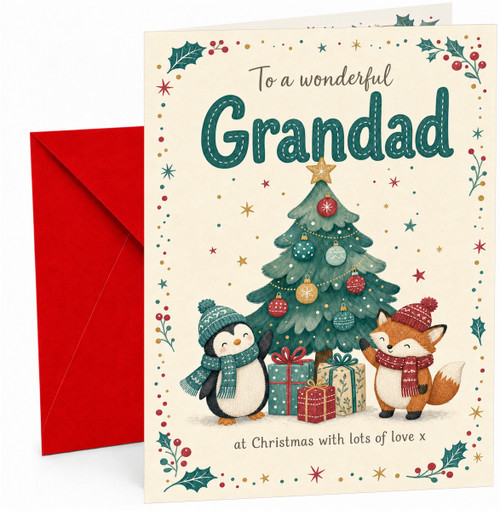Grandad Christmas Card, Penguin and Fox by Tree