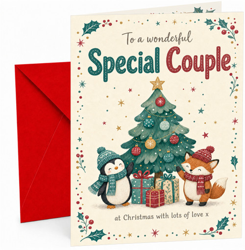 Special Couple Christmas Card, Penguin Fox Tree and Presents