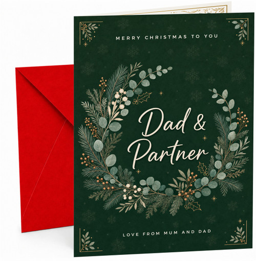Dad & Partner Christmas Card, Green Foliage Wreath