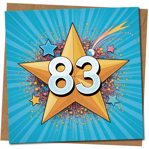 83rd Birthday Card - Blue Star Burst Design, Fun Celebration Confetti Theme, Square 145mm x 145mm, Includes Kraft Envelope