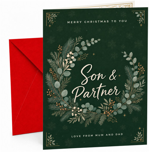Son & Partner Christmas Card, Green Foliage Wreath