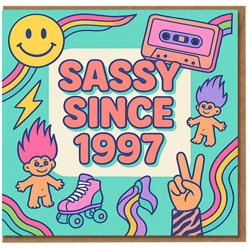 Sassy Since 1997 Retro Birthday Card - 90s Throwback with Cassette, Roller Skate, Rainbow and Troll Characters - Fun 1997 Birth Year Card for Her or Friend