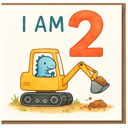 2nd Birthday Card for Kids - Cute Dinosaur in Digger - 'I AM 2' - Toddler Birthday for Boys or Girls