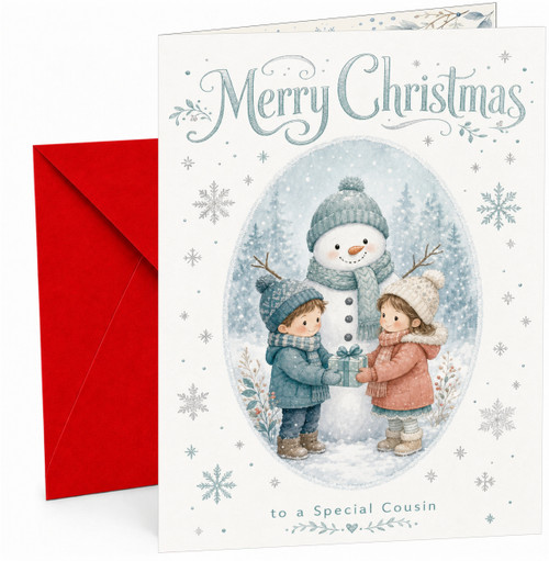 Cousin Christmas Card, Snowman and Children Gift Scene