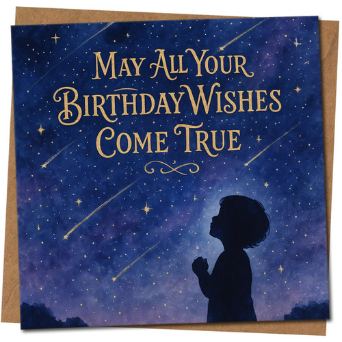 May All Your Birthday Wishes Come True Card - Starry Night Sky, 145mm x 145mm Square, Includes Kraft Envelope