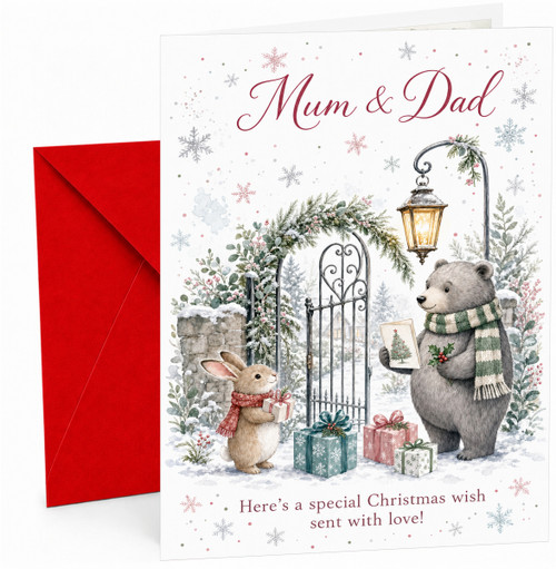 Mum & Dad Christmas Card, Bear & Rabbit at Snowy Gate