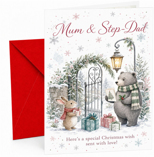 Mum & Step-Dad Christmas Card Bear & Rabbit by Gate