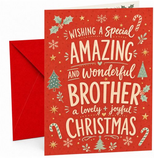Brother Christmas Card, Red Typography with Candy Canes