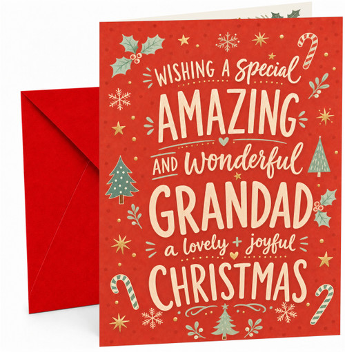 Grandad Christmas Card, Red Candy Canes and Trees