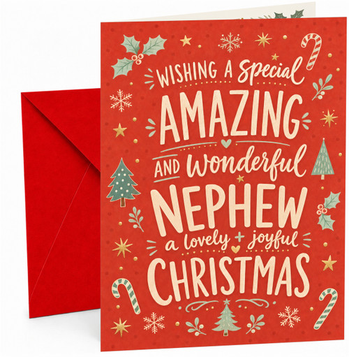 Nephew Christmas Card, Red Candy Canes and Snowflakes