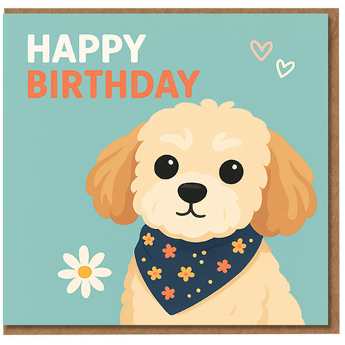 Happy Birthday Card - Cute Puppy Dog with Floral Bandana, Teal Background, Daisy and Hearts - Adorable Design for Dog Lovers, Friends, Him or Her