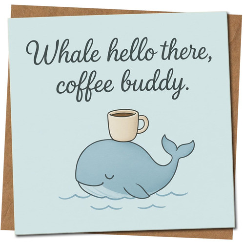 Whale Hello There Coffee Buddy Pun Greeting Card - Cute Whale & Coffee Cup, 145mm x 145mm, Funny Friendship/Thinking of You Card for Lovers, Includes Kraft Envelope