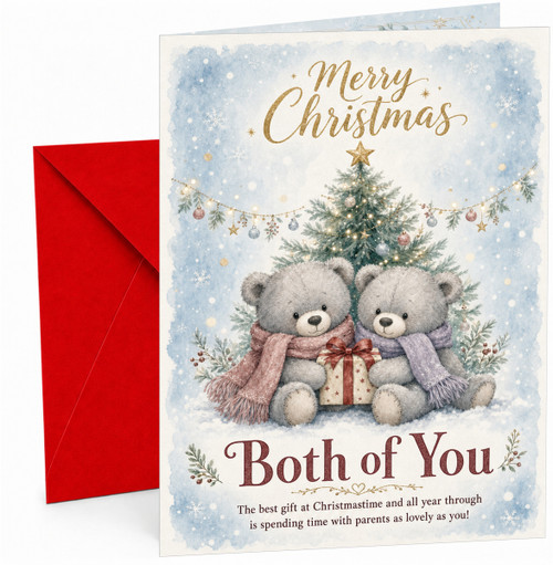 Both of You Christmas Card, Teddy Bears with Tree and Gift