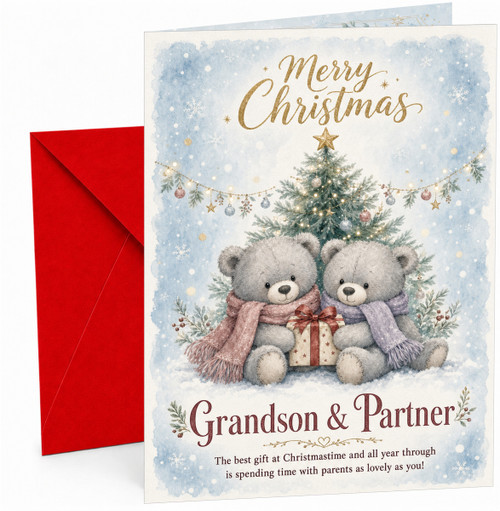 Grandson & Partner Christmas Card Teddy Bears by Tree Gift