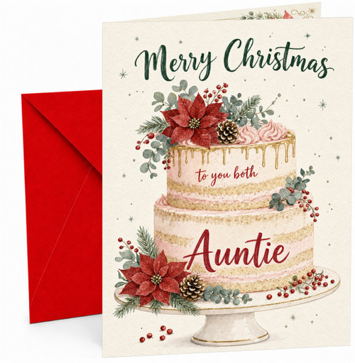 Auntie Christmas Card, Festive Cake with Poinsettias