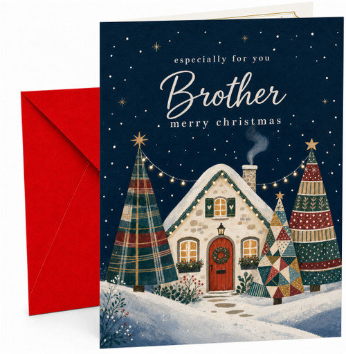 Brother Christmas Card, Snowy Cottage and Patchwork Trees