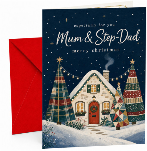 Mum & Step-Dad Christmas Card, Snowy Cottage and Trees