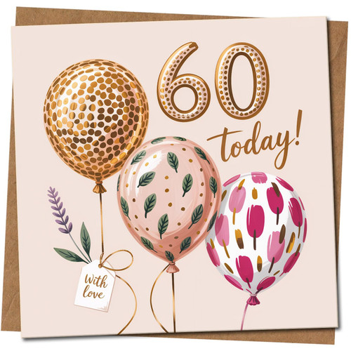 60th Birthday Card - 145mm x 145mm - Elegant Balloons Design - '60 Today!' - Milestone Sixtieth, Includes Kraft Envelope