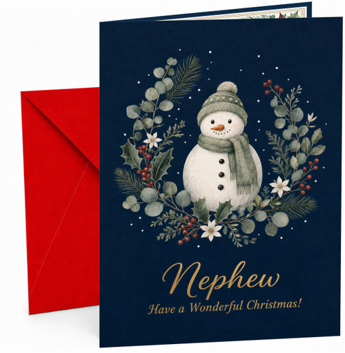 Nephew Christmas Card with Snowman and Foliage Wreath