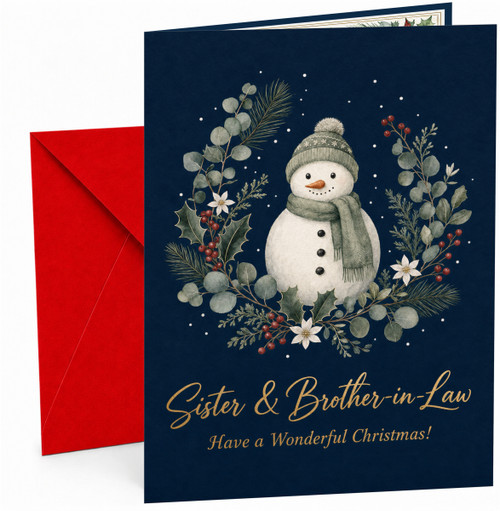 Sister & Brother-in-Law Christmas Card Snowman Holly Wreath