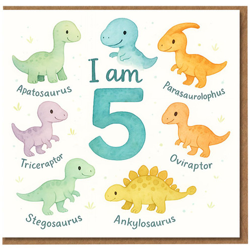 Age 5 Dinosaur Birthday Card for Kids - Cute 'I am 5' with Apatosaurus, Parasaurolophus, Oviraptor, Ankylosaurus, Stegosaurus & Triceraptor - Children's 5th Birthday